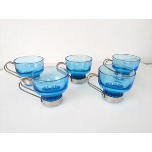 Mid-Century Lubiana Spa Italy Blue Glass Coffee Tea Cups 5x